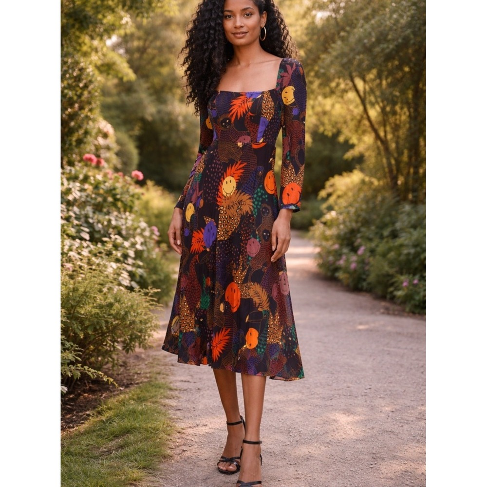 NWT Farm Rio x Smiley Jungle Smiley Midi Dress XL Long Sleeve Square Neck